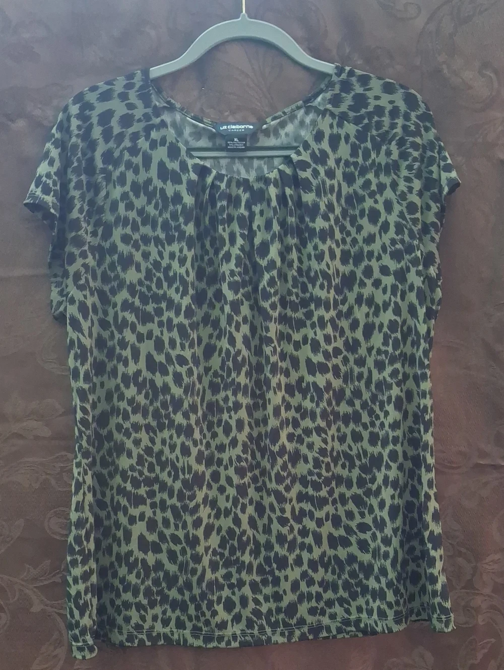 Liz Claiborne Green Leopard Print Short-Sleeve Blouse Size XL